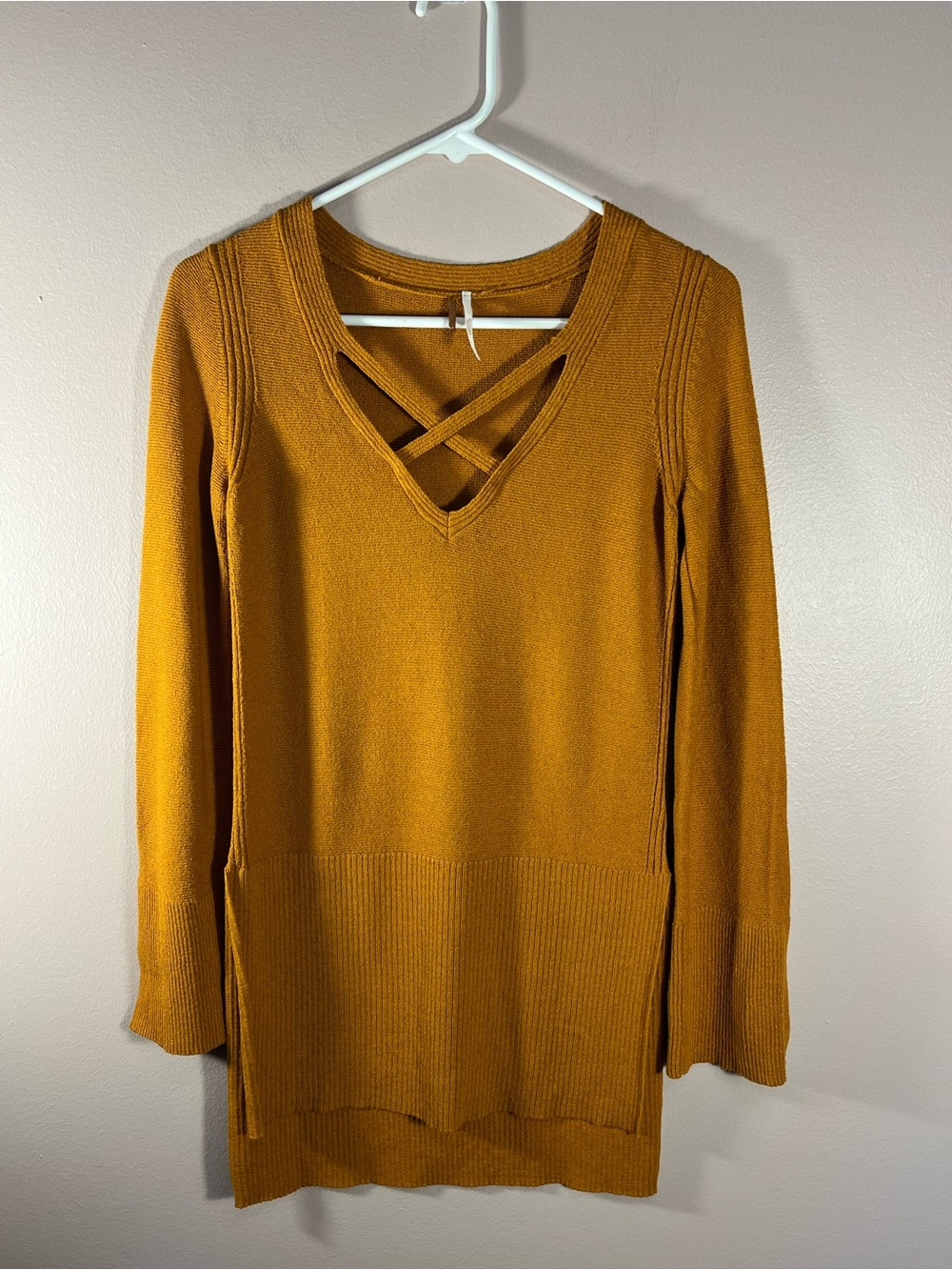 Free People Crisscross V-Neck Sweater Tunic in Mustard